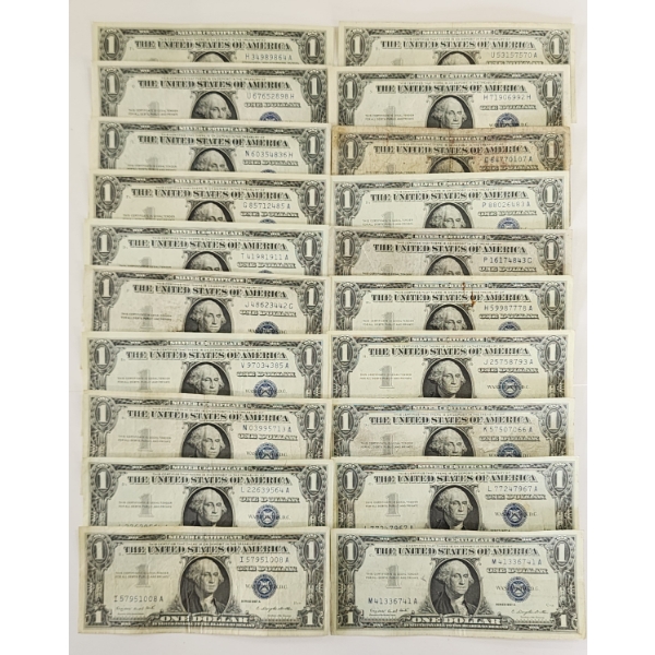 Lot of 20 United States Blue Seal $1 Silver Certificates - Face Value $20.00