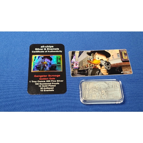 Rare Gangster Scrooge 1 Troy Ounce .999 Fine Silver Bar - "Gangster Scrooge Golden Gate" Number 12/3