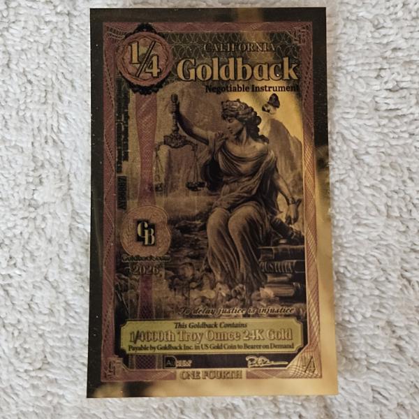 1/4 Goldback Aurum Foil Local Currency Note Containing 1/4000th Troy Ounce Of 24K Pure Gold