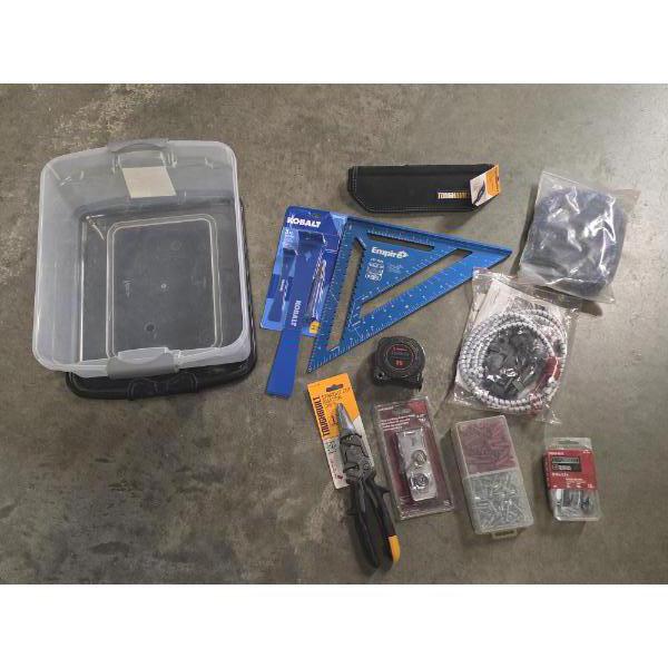 Storage Container With Bungee Cords, Snips, Screws, Kobalt Trim Set & More