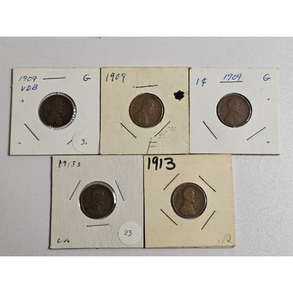 Five Lincoln Wheat Cents in Protective Cardboard Coin Flips