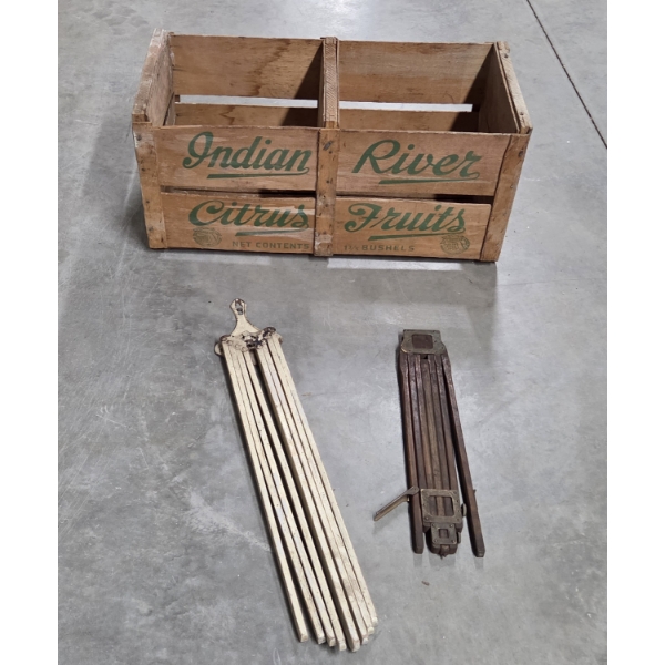 Vintage 27''x13'' Wooden Citrus Crate And 2 Wooden Drying Racks