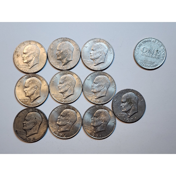 x10 Assorted Years Eisenhower Clad Dollars FV: $10.00 & Atlantic City Casino $1 Coin
