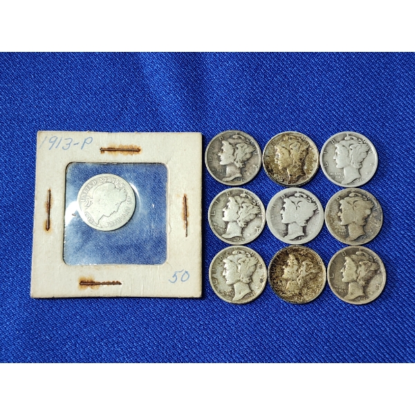 90% Silver U.S. Dimes: (9) Assorted Years Mercury & (1) 1913 Barber Dime - FV: $1.00
