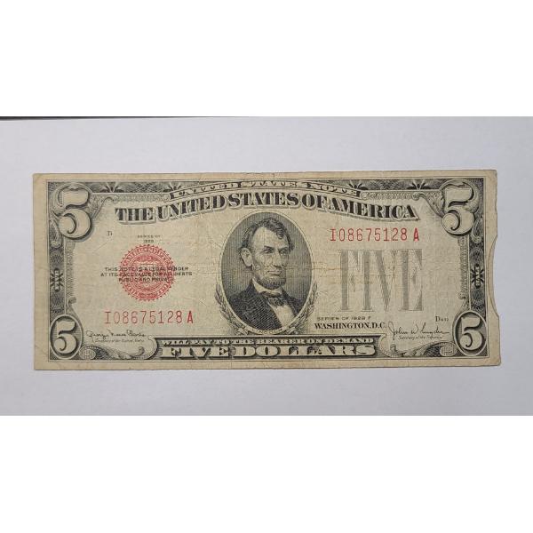 United States Series 1928 F $5 Red Seal Bank Note With Clark And Snyder Signatures - Face Value: $5