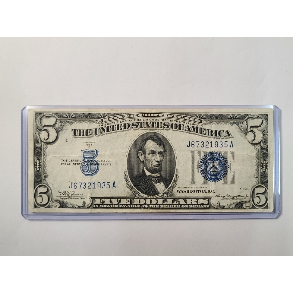 Crisp U.S 1934 A $5 Silver Certificate With Julian And Morgenthau Signatures In Protective Sleeve