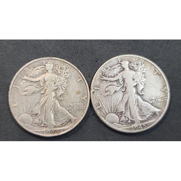 U.S 1944 & 1945 Walking Liberty 90% Silver Half Dollars - Face Value: $1.00