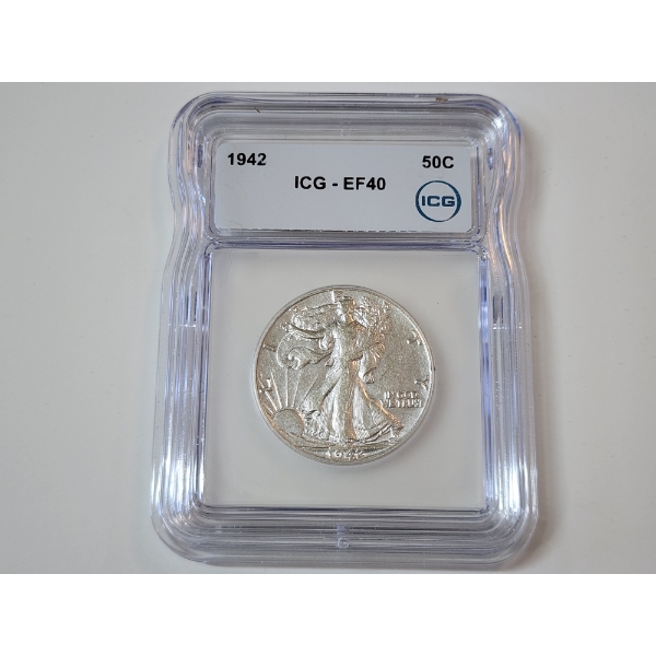 ICG GRADED EF40 1942 Walking Liberty 90% Silver Half Dollar 