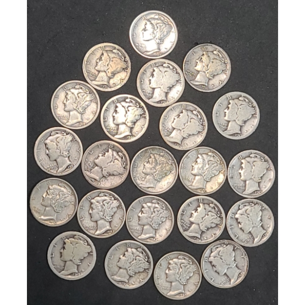 Assorted Years/Mint Marks 90% Silver Mercury Dimes - Face Value: $2.20