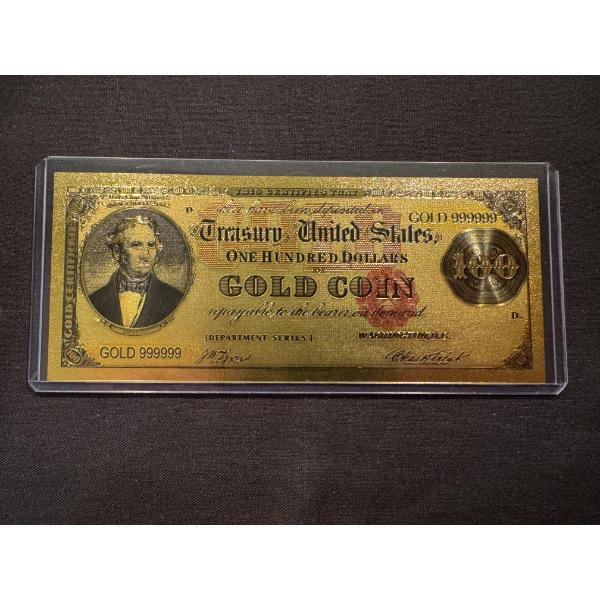 $100 Gold Coin Certificate Gold Back .999999 - 24K Gold Back In Protective Holder - Mint Condition