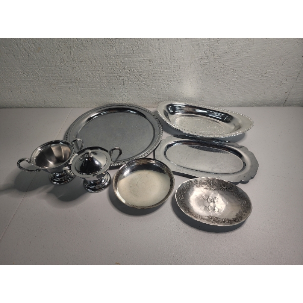 Assorted Serving Trays, Creamer and Sugar Bowl: Including Pewter and Silver-Plated