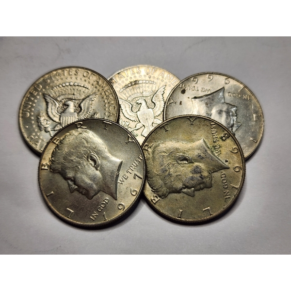 Five 40% Silver Kennedy Half Dollars - $2.50 Face Value
