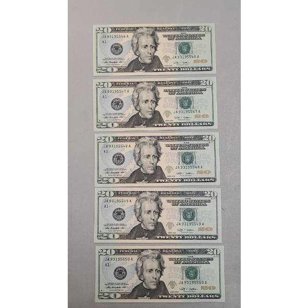 (5) SEQUENTIAL United States Series 2009 $20 Federal Reserve Bank Notes - Face Value: $100.00