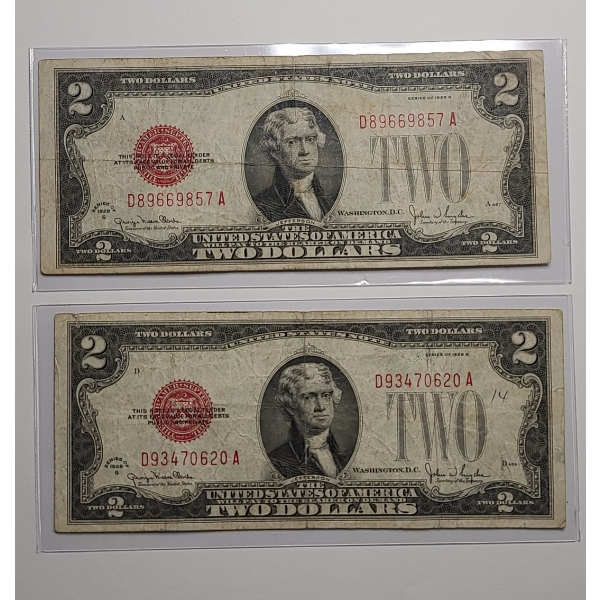(2) United States Series 1928 G Red Seal $2 Bank Notes - Worn - Face Value: $4.00