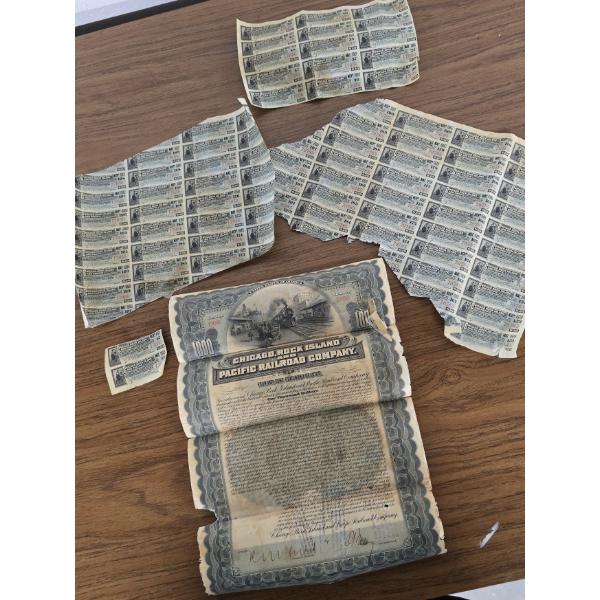 Vintage Chicago, Rock Island, and Pacific Railroad Company Bond and Bond Coupons