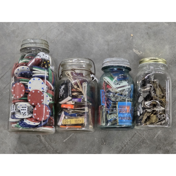 Vintage Glass Jars Filled With Collections Including Keys, Chips & Matchbooks 