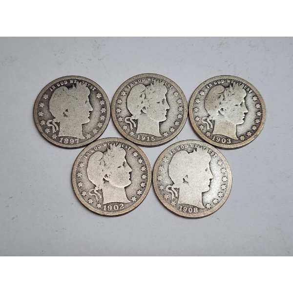 (5) 90% Silver U.S. Barber Quarters - Years 1897, 1915, 1902, 1908, 1903 - FV: $1.25
