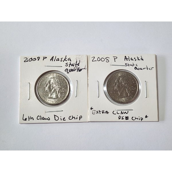 TWO ERROR COINS: 2008 Alaska State Quarters 6th Claw Die Chip & Extra Claw Die Chip