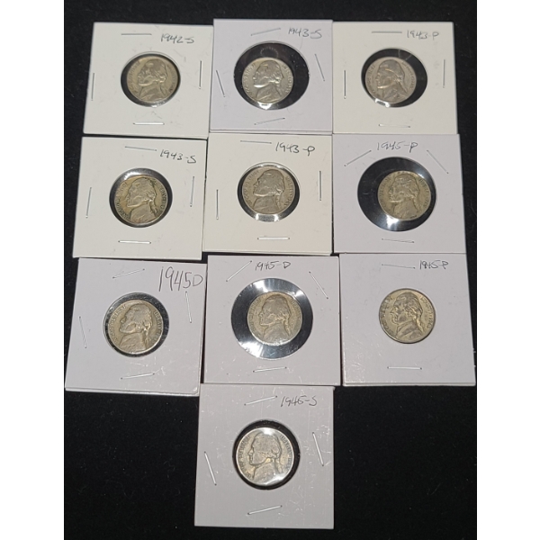 (10) Assorted Years/Mint Marks Jefferson War-Time Nickels - Face Value: $0.50