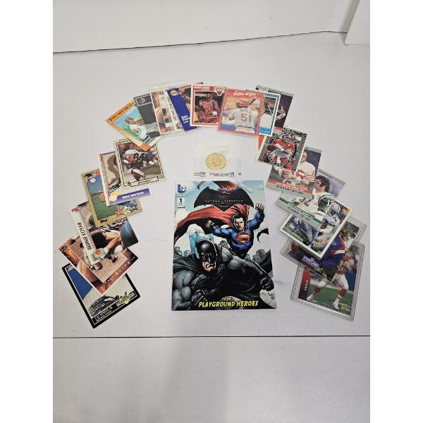 Lot of Items Including Batman v Superman Comic, Gold-Plated JFK $.50 Coin, and Assorted Sports Cards