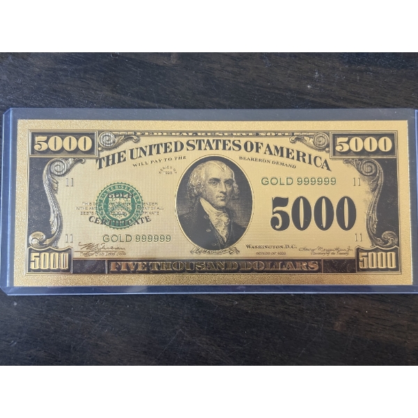 $5000 Gold Certificate Gold Back .999999 - 24K Gold Back In Protective Holder - Mint Condition