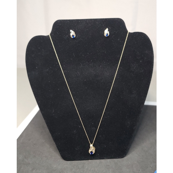 10K Gold 18" Necklace With 10K Gold Pear-Shaped Blue Sapphire/Diamond Pendant With Matching Earrings