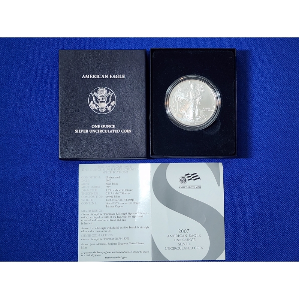 2007-W Uncirculated Silver American Eagle $1 - 1 Troy oz .999 Fine Silver w/ Box & CoA