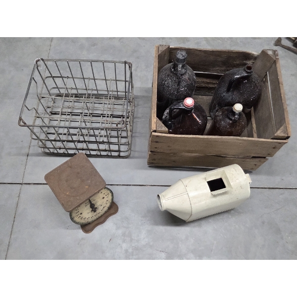 Vintage Items Including Wood Crate, Wire Milk Crate, Brown Glass Gallon Jugs, Scale & More