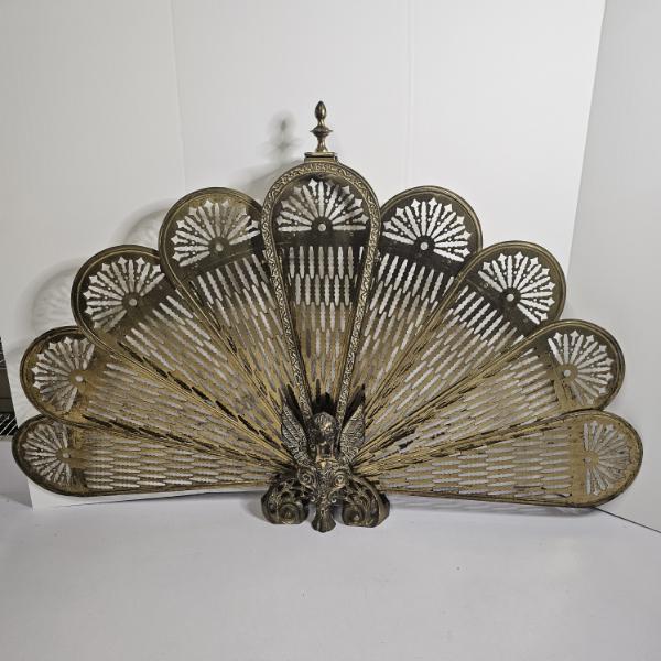 Vintage Brass Peacock Folding Fireplace Screen With Winged Lion Base 24x38"