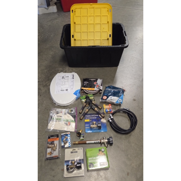 27 Gallon Tuff Tote With New Toilet Seat, Plumbing Supplies, & Propane Related Items