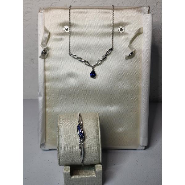 Sterling Silver 18" Necklace and Adjustable Bracelet with Sapphire Gemstones TW: 16.2g