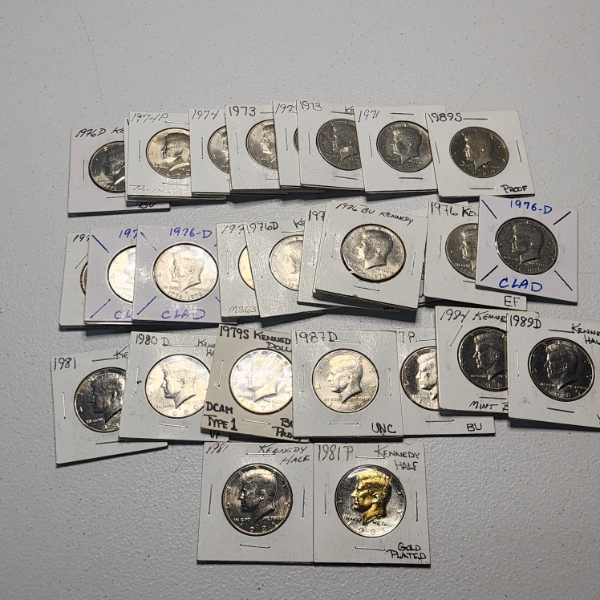 Lot of 30 Assorted Kennedy Half Dollars, Various Types, Gold Plated - Face Value: $15.00