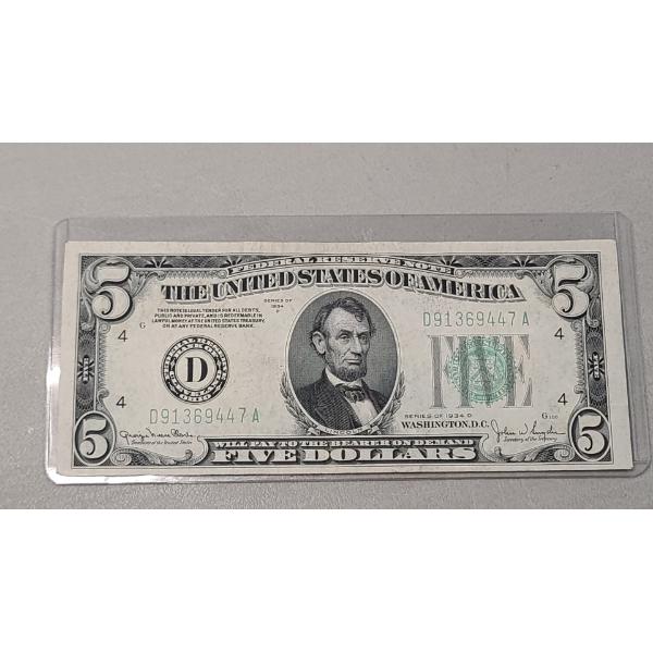 Series 1934 D $5 Green Seal Federal Reserve Bank Note Cleveland, Ohio District - Face Value: $5.00
