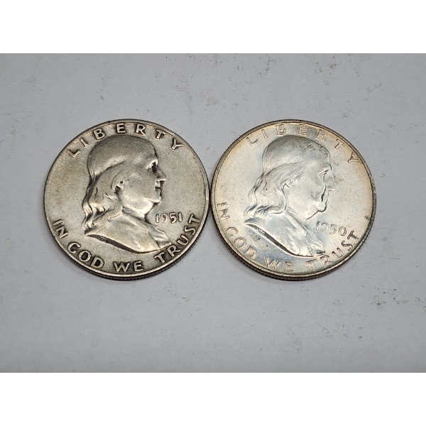 Two Silver Franklin Half Dollars: 1951 & 1950 - 90% Silver U.S. Coins