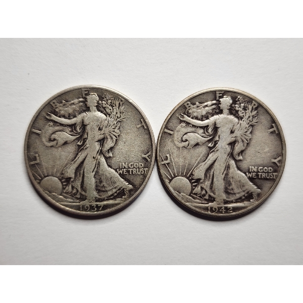 Two Walking Liberty 90% Silver Half Dollars ~ 1937 & 1942 ~ $1.00 Face Value