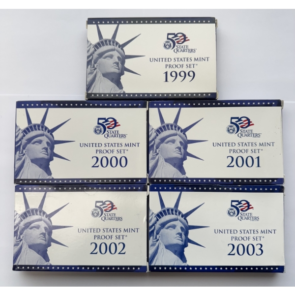 United States Mint Proof Sets- Assorted Quarter Sets- 1999, 2000, 2001, 2002, 2003