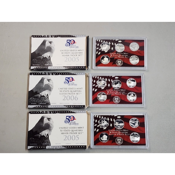 (3) U.S. Mint 50 State Quarters Silver Proof Sets: 2005, 2005, 2006