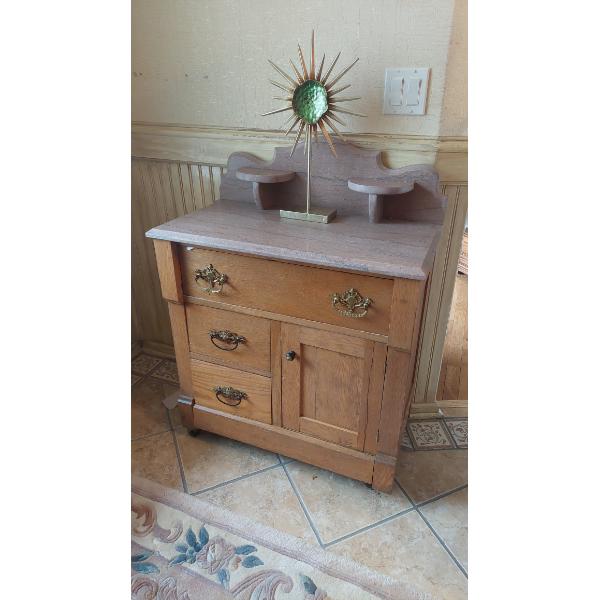 Antique Oak Kitchen Side Cabinet - Marble Top
