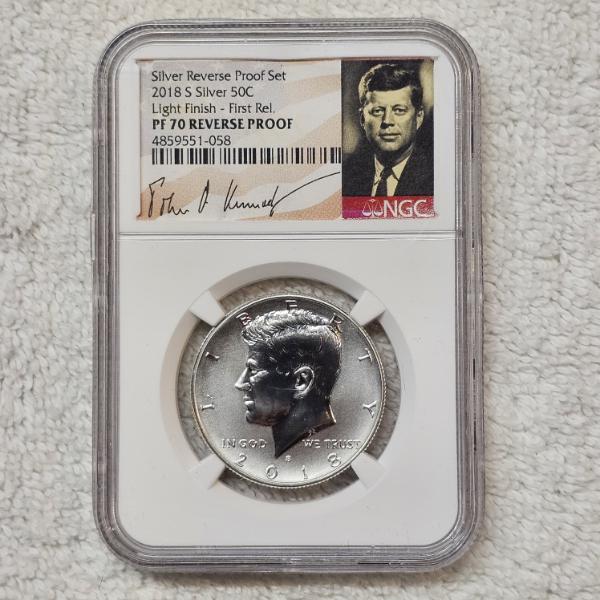 2018 S 90% Silver Kennedy Half Dollar graded PF 70 by NGC, with rare silver reverse proof finish
