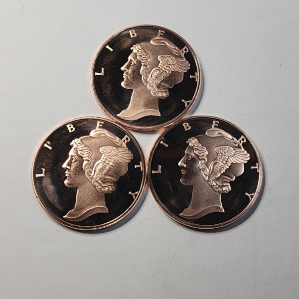 Three Mercury Head Design 1 AVDP Ounce .999 Fine Copper Rounds - 3 oz Copper Total!
