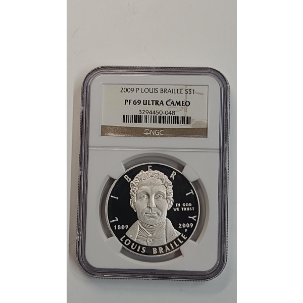  NGC 2009-P PF 69 ULTRA CAMEO Louis Braille Bicentennial Commemorative 90% Silver Proof Dollar