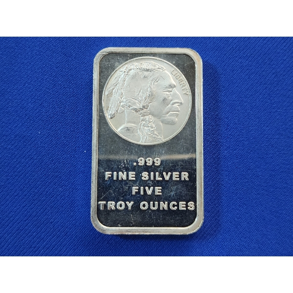 Indian Head/Buffalo Design 5 Troy Ounce .999 Fine Silver Bar