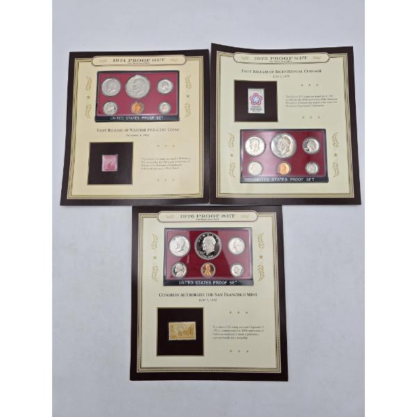 (3) Proof Sets with Stamps - 1974, 1975, 1976