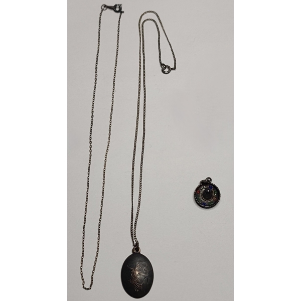 Sterling Silver Siam Pendant On 15" Necklace, Enamel Sombrero Charm & 14" Necklace-Total Weight 6.3g