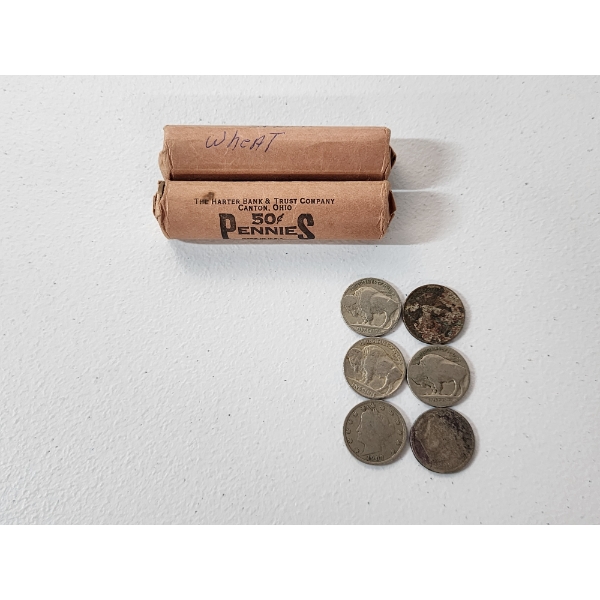 Lot of U.S. Coins Including 2 Rolls of Wheat Pennies, Buffalo and "V" Nickels Face Value: $1.30