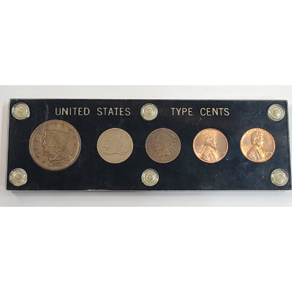 United States Type Cents 5 - Coin Set Featuring 1851 Braided Hair Large Cent 