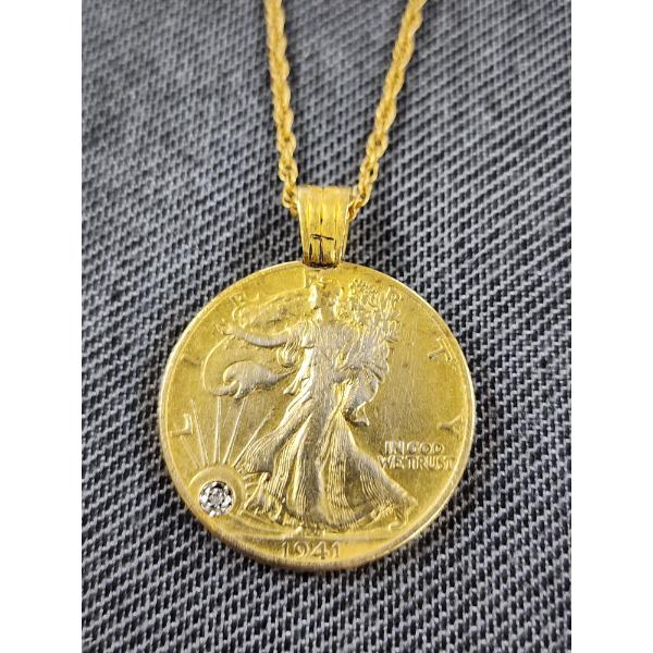 1941 Walking Liberty 90% Silver Half Dollar Gold Toned On Necklace Featuring A Diamond Stud ~ 