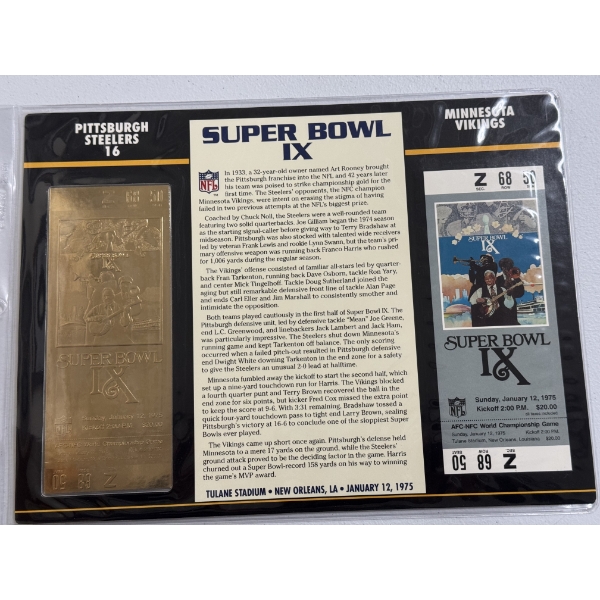 Authentic 1975 Super Bowl IX NFL Football Ticket & 24K Gold Plated Ticket - Mint Condition