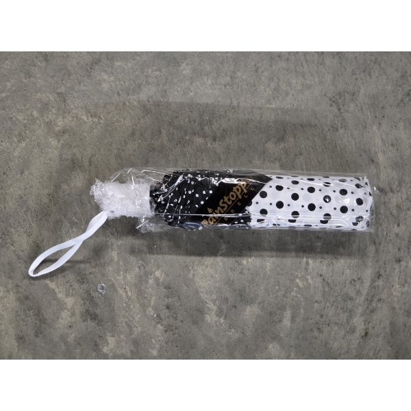 New! Rain Stoppers Black And White Polka Dot Print Push Button Pop Up Umbrella With Cute Ruffle Deta