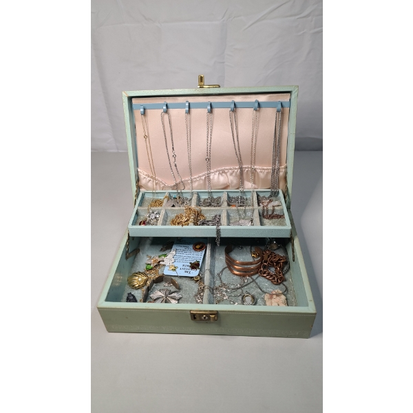 Assorted Lot Of Costume Jewelry In Beautiful Mint Colored Jewelry Box